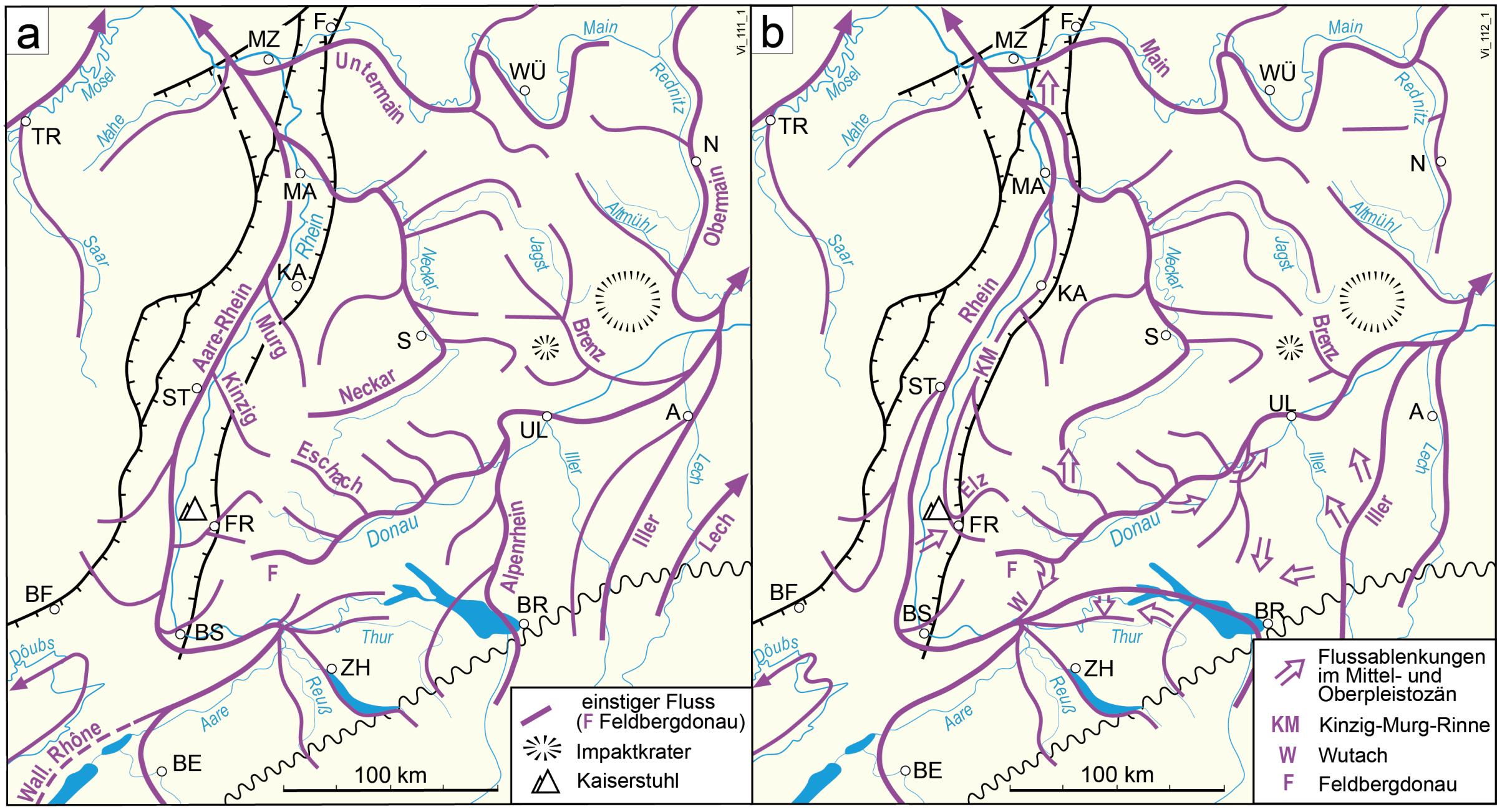 This graphic shows two schematic maps side by side of the region of southwestern Germany and Switzerland, depicting the present-day course of the Rhine and Danube river systems (in blue). Overlaid in red are the reconstructed courses of the river systems at the transition from the Pliocene to the Pleistocene (approximately 2.6 million years ago), on the left, and during the Early Pleistocene to the early Middle Pleistocene (approximately 2 to 0.5 million years ago), on the right.