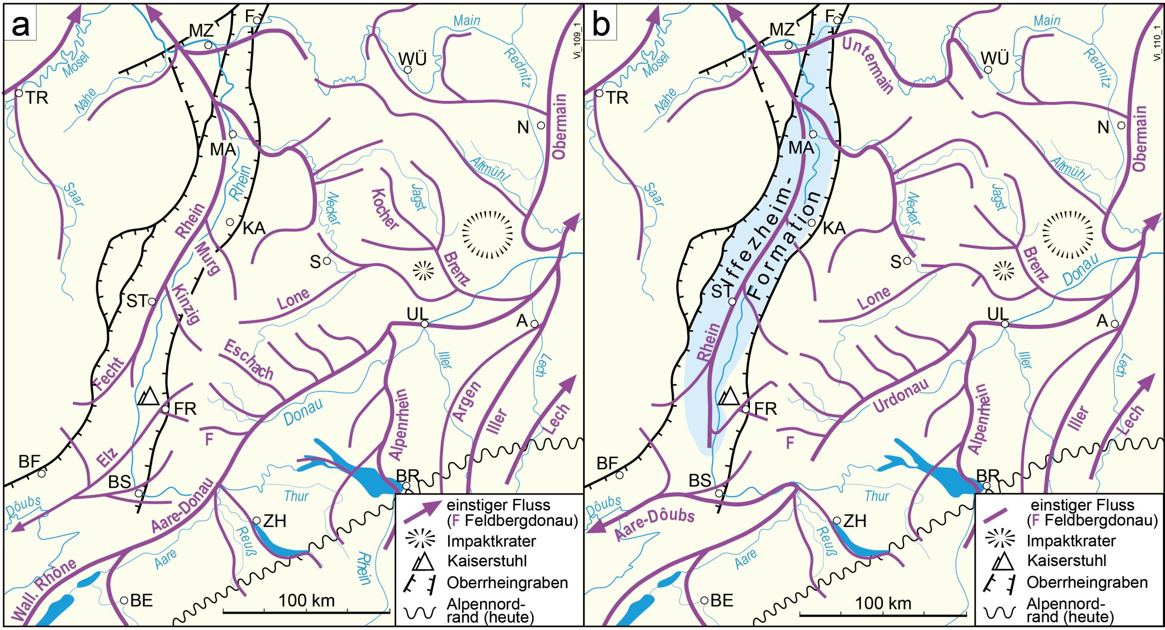 This graphic shows two schematic maps side by side of the region of southwestern Germany and Switzerland, depicting the present-day course of the Rhine and Danube river systems (in blue). Overlaid in red are the reconstructed courses of the river systems at the transition from the Miocene to the Pliocene (approximately 5–6 million years ago), on the left, and at the transition from the Lower to the Upper Pliocene (approximately 4 million years ago), on the right.