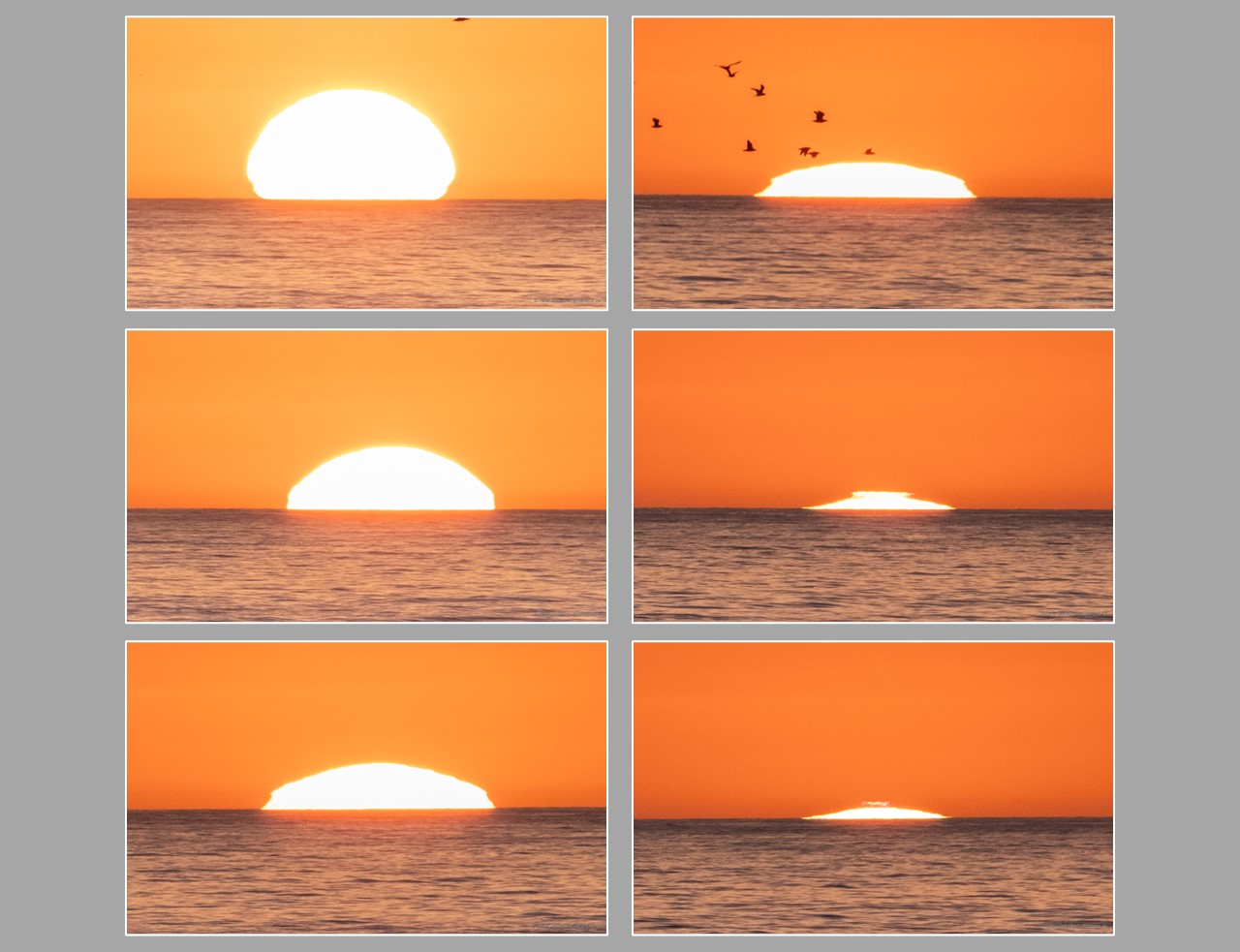 The image presents six snapshots of a sunset over the sea, captured at progressively later times. The sun starts as a nearly half-visible, ellipsoid shape, appearing narrower just above the horizon. As the sequence continues, the sun's disk shrinks, with varying deformations observed in the area above the horizon. Initially, the lower area of the shape may seem wider and „flowing“, but as the sun sets, also the top of the shape begins to deform. In the final image, a tiny upper section of the disk appears detached, floating above the rest. For more details on the phenomenon, please refer to the main text.