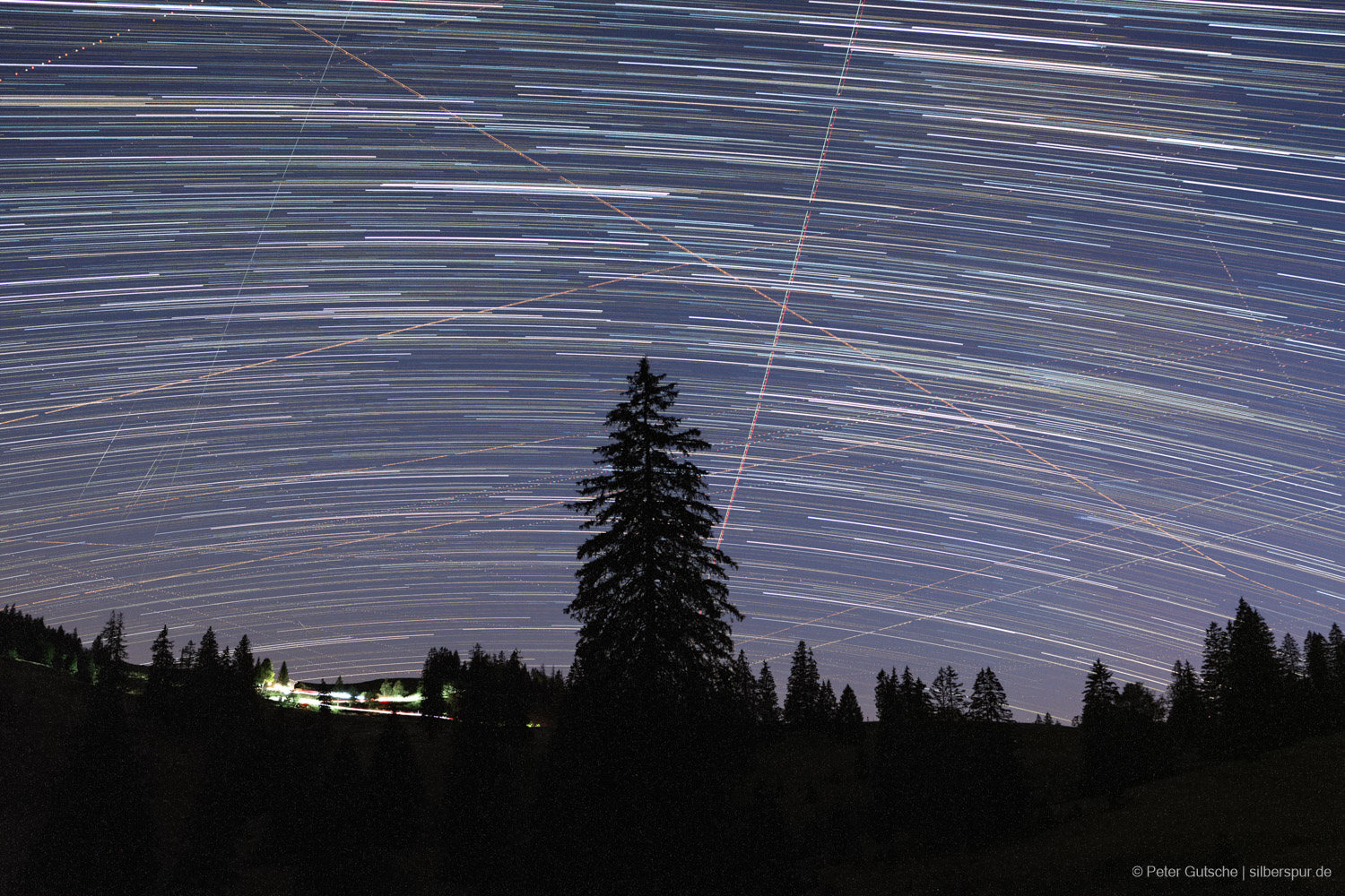 Night silhouette of a tree and a more distant group of trees. In the sky, the light trails of stars, intersected by many airplane lights that draw straight, dashed lines in the sky. On the left side of the image, between the trees, the light trails of a car that parked in front of the cabin.