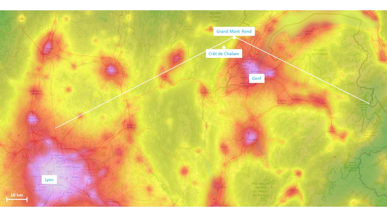 A light pollution map of the region between Geneva and Lyon, on which a few points from the previous photo are marked.