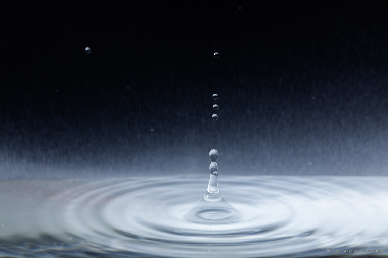 Drop that hits a surface of water and creates concentric waves.