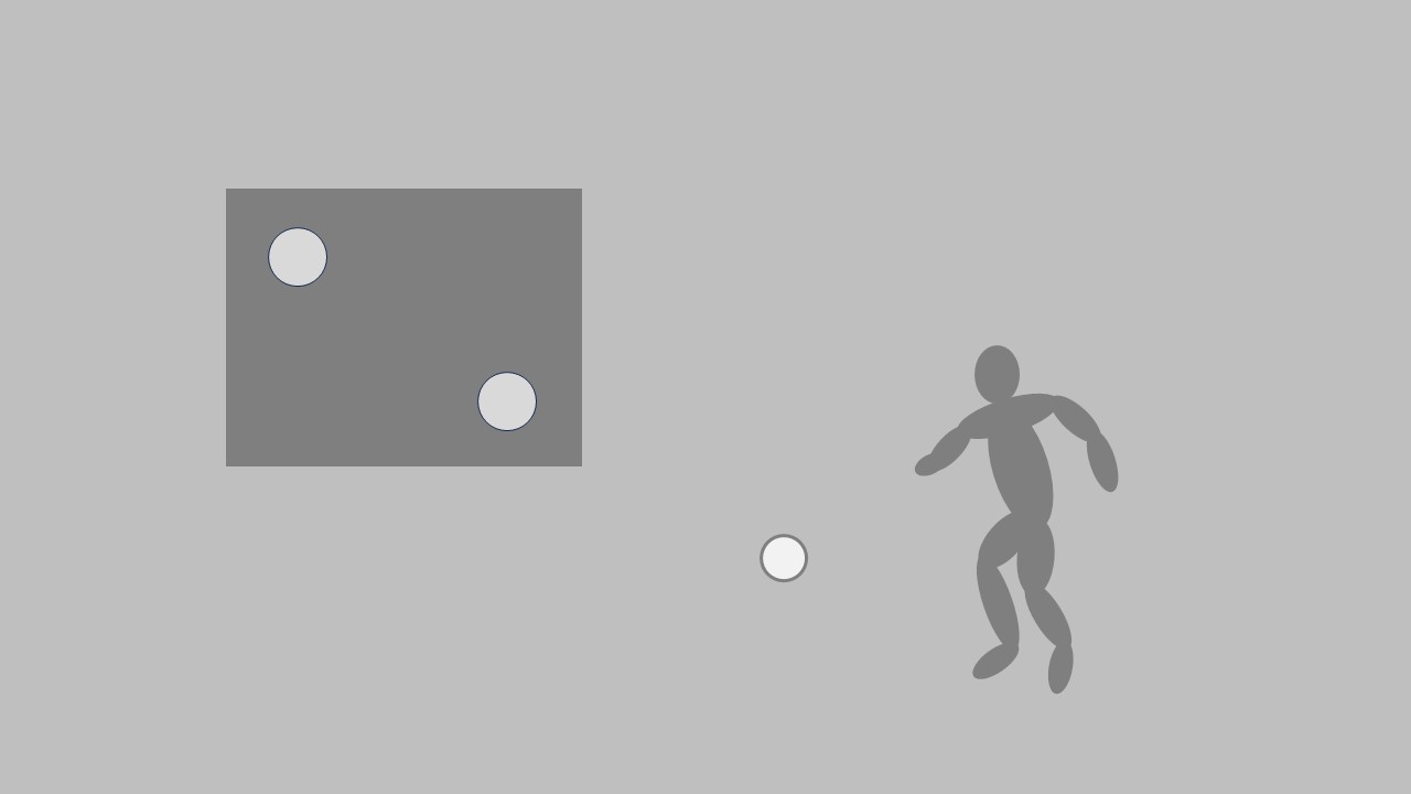 Schematic drawing of a soccer player kicking a ball at a goal wall with two holes.