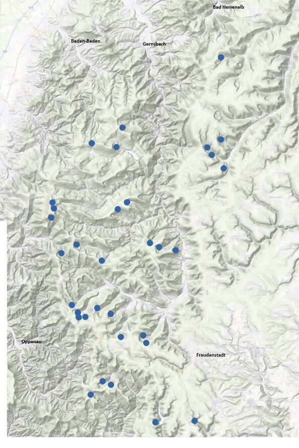 Eine topografische Karte des Nordschwarzwaldes. Die blauen Punkte markieren die geografische Lage der Gletscherkarseen, die mutmaßlich zu Beginn des Holozäns existiert haben.