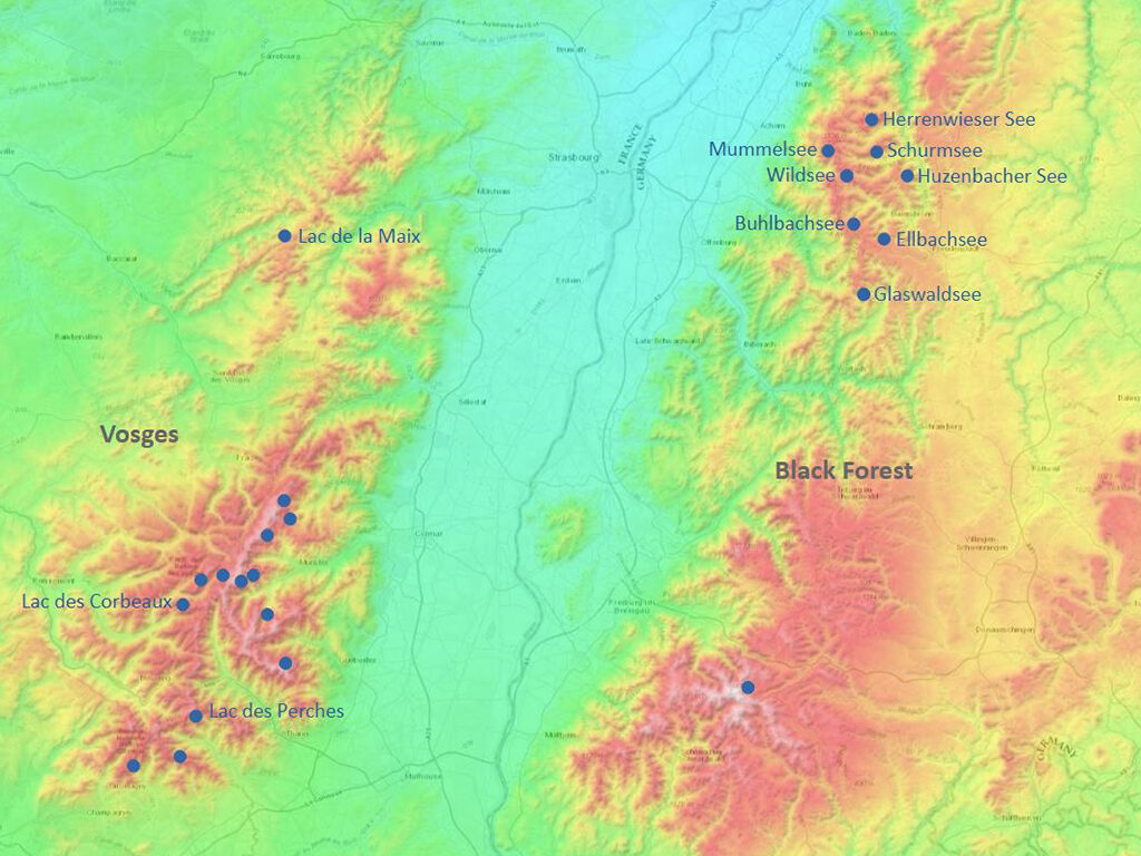 Topographic map of Black Forest and Vosges with blue dots (not to scale) showing the location of the glacial cirque lakes.