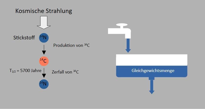 Schematisches Bild, bei dem links die Produktion von ${}^{14}\mathrm{C}$ (durch Beschuss von Stickstoff mit kosmischer Strahlung) und der Zerfall desselben eingezeichnet ist. Rechts davon eine Badewanne mit einem Gleichgewichtswasserspiegel, der die Wassermenge im Fließgleichgewicht darstellen soll.